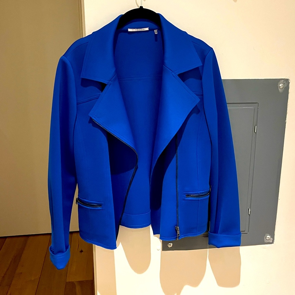 T tahari cobalt blue scuba jacket